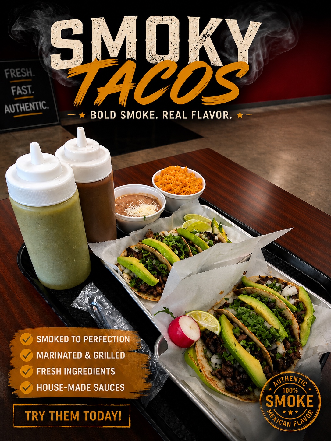 Smoky Tacos trays with grilled tacos, avocado, lime, beans, rice, and house-made sauces